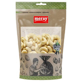 A 150g resealable bag of Meray Cashew Kernels Raw, featuring product branding and an illustration of a person roasting nuts—a healthy snack choice.